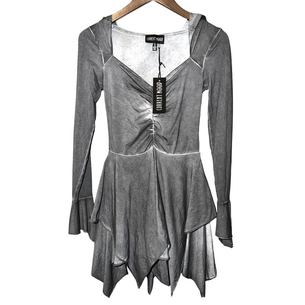 Current Mood DOLLS KILL Fairy Dress S Gray Hooded Handkerchief Hem Bell Sleeve